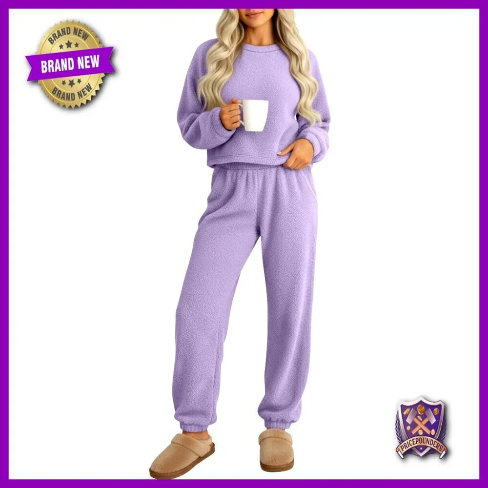 Women's Fuzzy Pajama Set Long Sleeve Crop Top Fleece Pullover Fluffy Pants